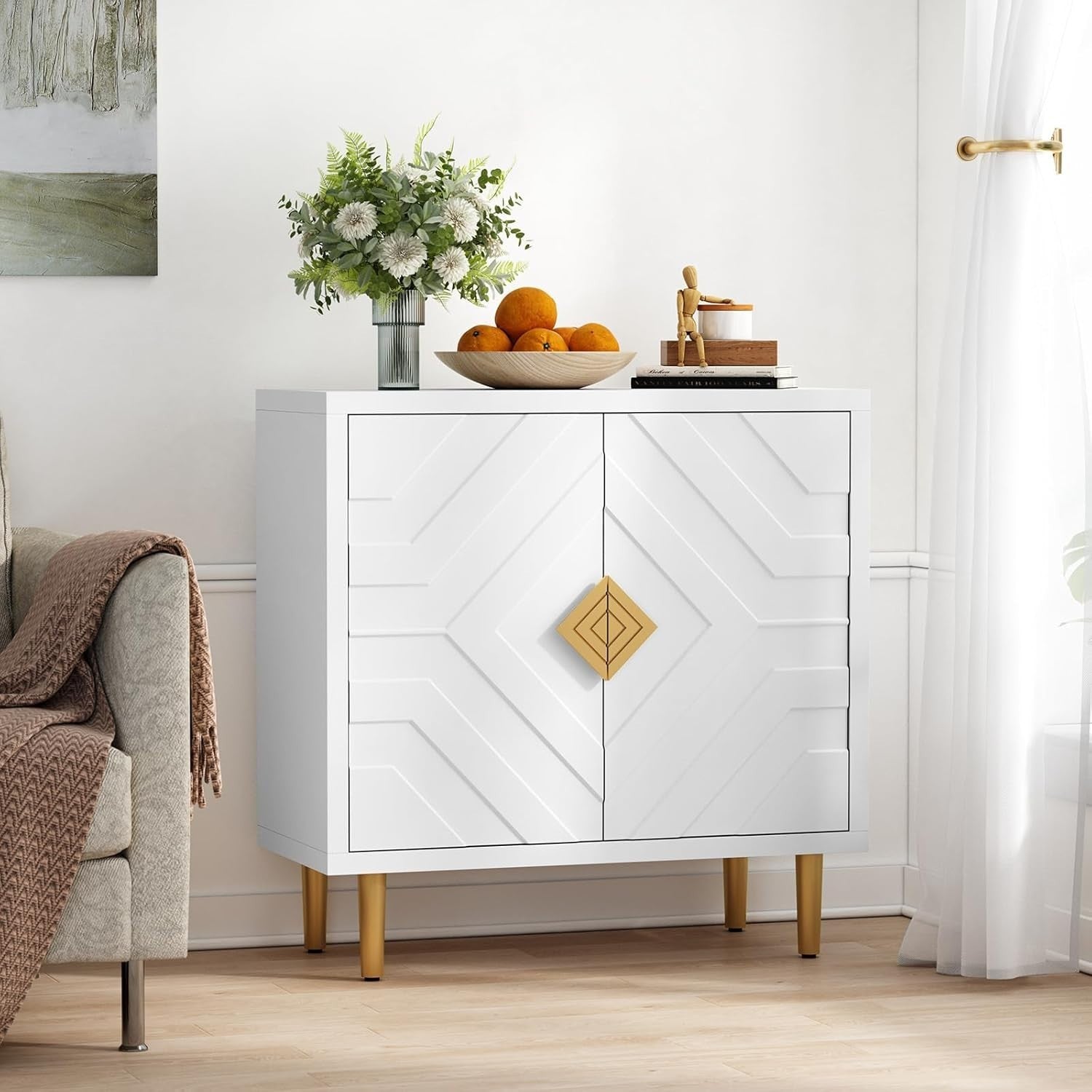 Modern White Sideboard Cabinet 3D Embossed Doors Storage Unit