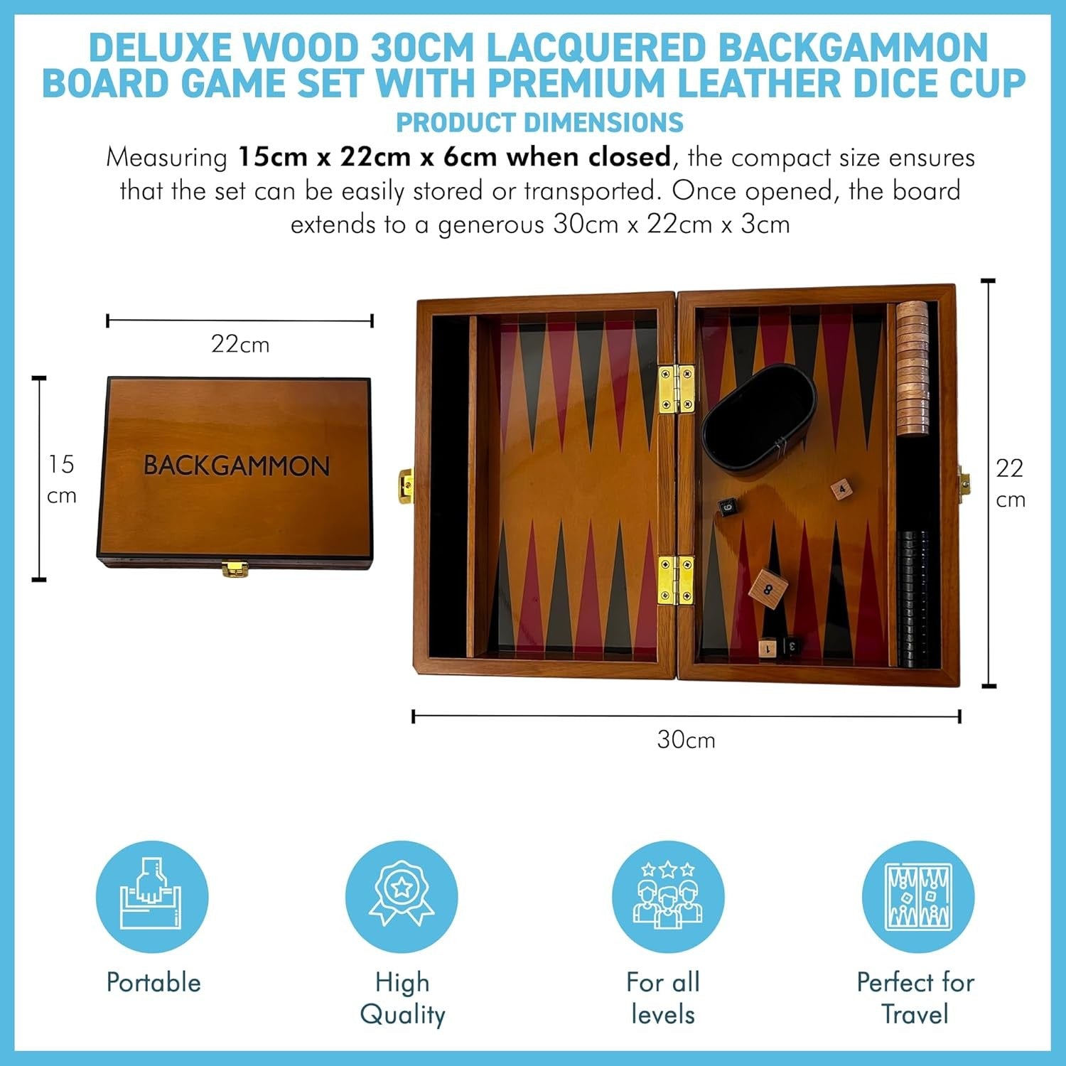 Deluxe Wooden Backgammon Set 30cm Lacquered Board with Leather Dice Cup