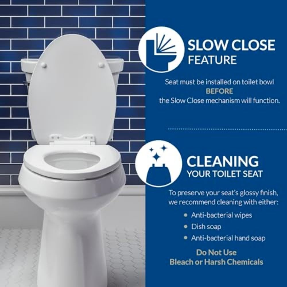 Round Toilet Seat White Enameled Wood Soft Close Chrome Hinges