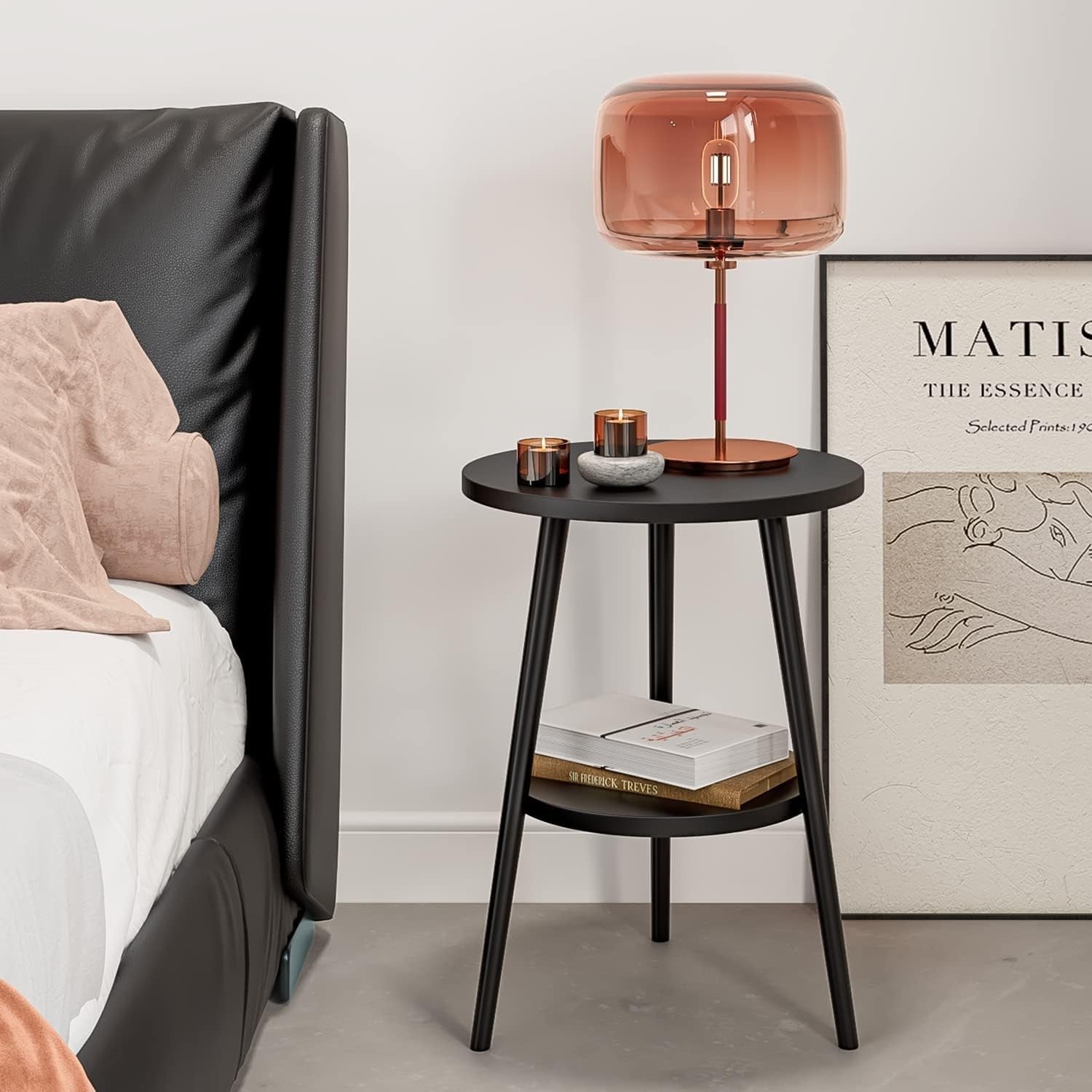 Modern 2-Tier Round Side Table with Metal Frame & Storage, 38x55cm Black