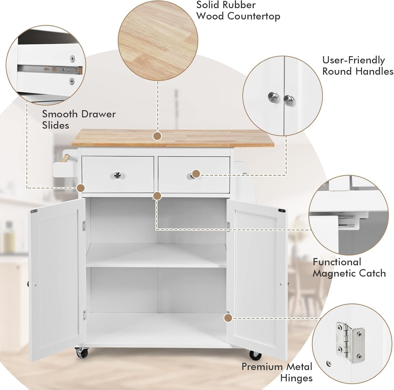 Mobile Kitchen Island Cart with Rubber Wood Countertop, Drawers & Lockable Wheel