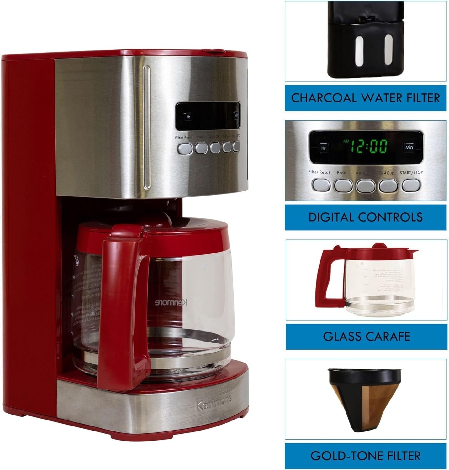 12-Cup Filter Coffee Maker 1.8L Programmable Timer Auto Shut-Off Red