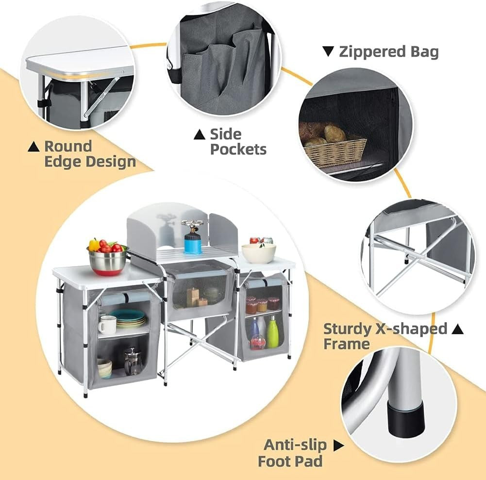 Portable Outdoor Camping Kitchen Storage Unit with Foldable Workspaces