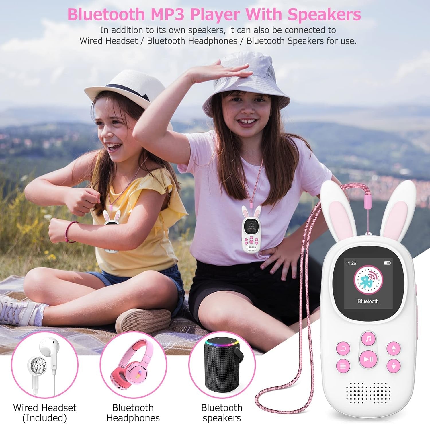 Kids MP3 Player 32GB Bluetooth FM Radio Alarm Pedometer Pink