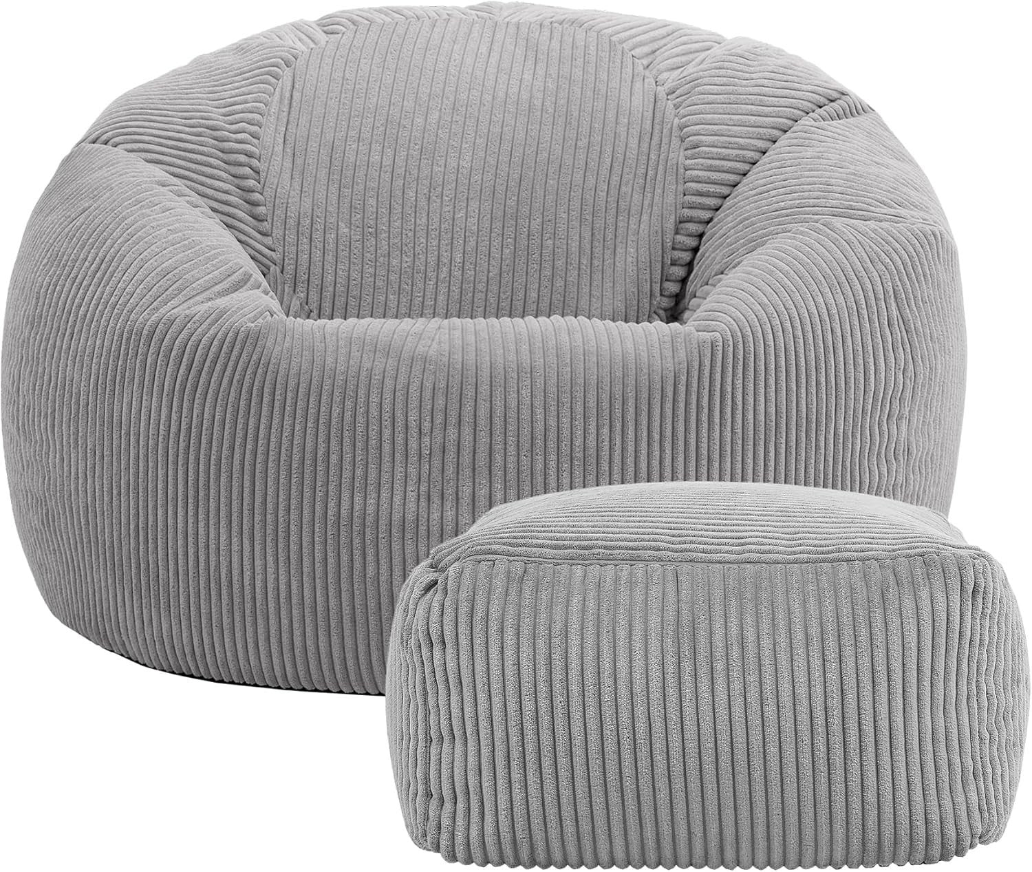 Large Corduroy Bean Bag Chair with Footstool, Adult Lounge Seat