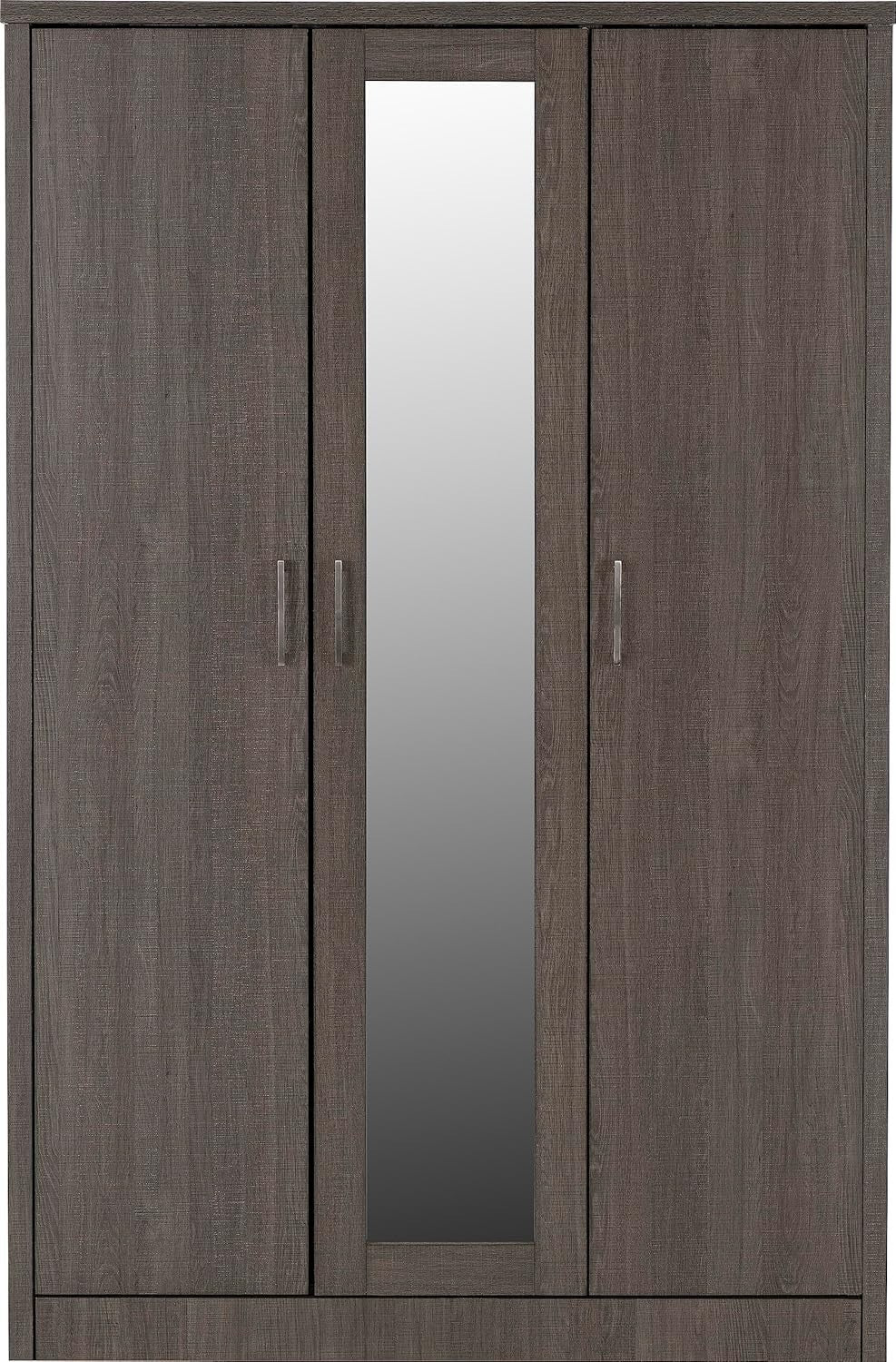 Black Wood Grain 3 Door Wardrobe with Mirror & Hinged Doors - Bedroom Storage
