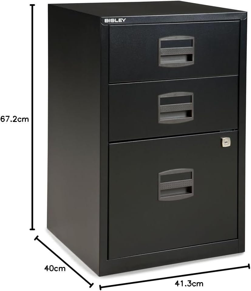 Black Steel Filing Cabinet 3 Drawer A4 Lockable 67cm Office Storage