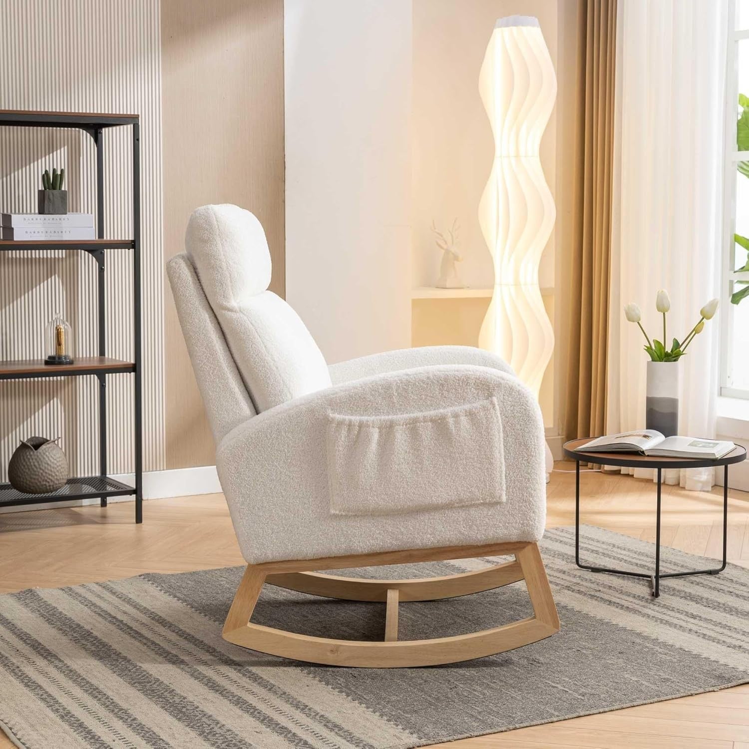 Modern Rocking Chair Teddy Fabric Foam Padded Armchair for Living Room