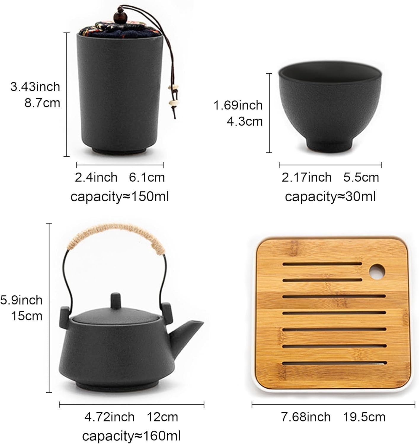 Portable Gongfu Tea Set Black Porcelain Teapot Cups Travel Tea Service
