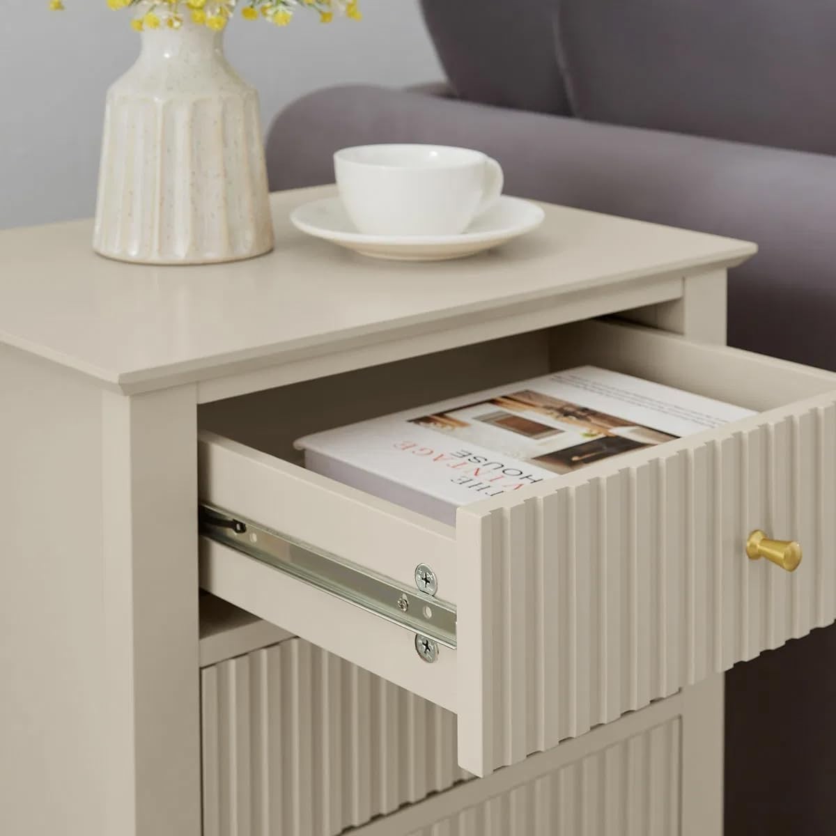 Pair of Taupe 3 Drawer Bedside Tables – Elegant Wooden Nightstands