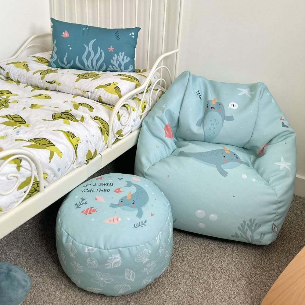 Kids Sea Print Bean Bag Chair Set – Toddler Armchair & Footstool Filled