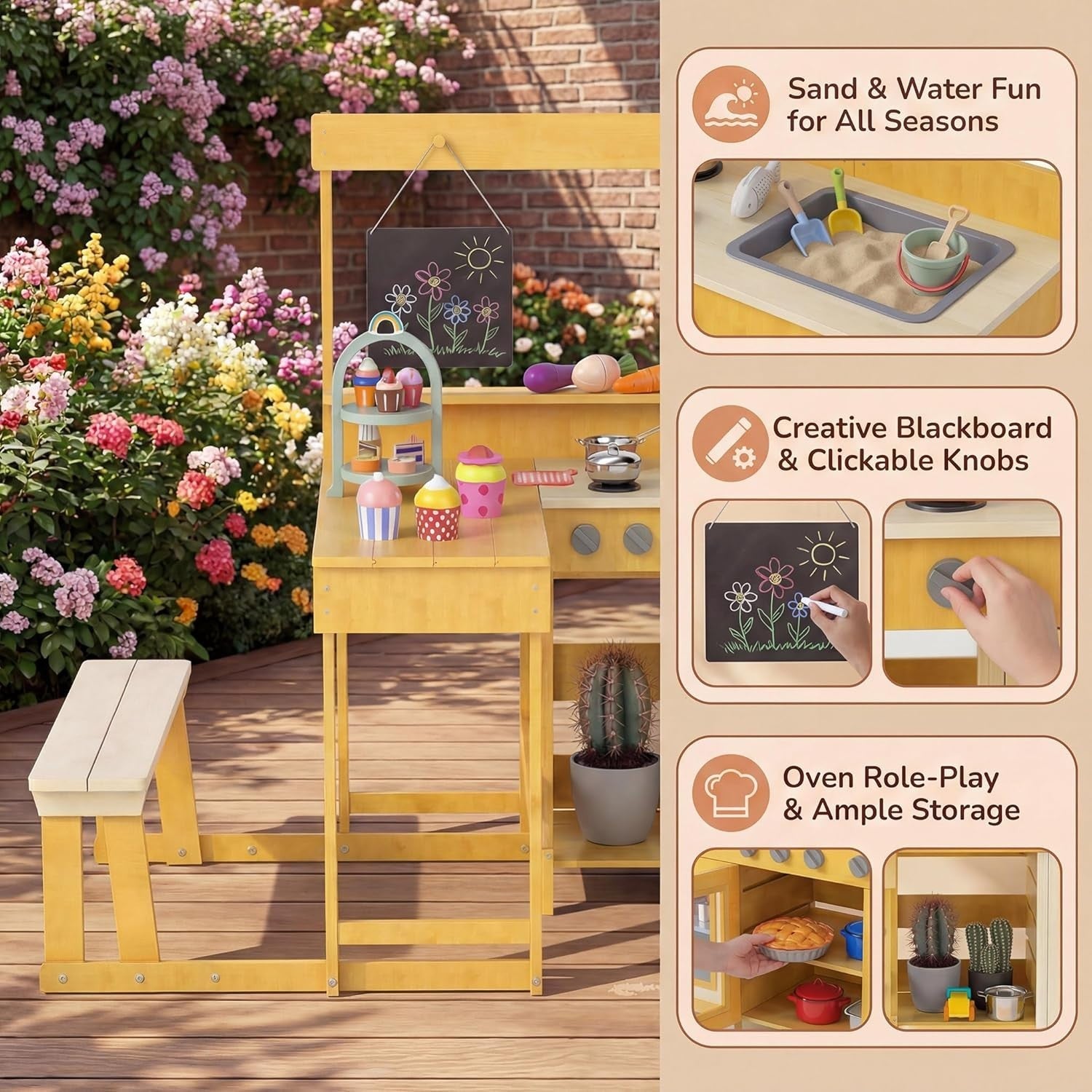 Kids Mud Kitchen Outdoor Wooden Play Kitchen Picnic Table Natural