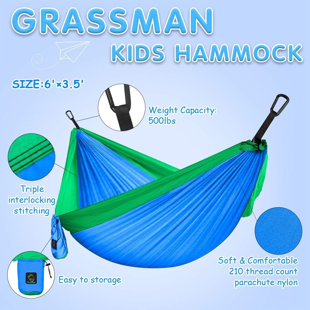 Kids Camping Hammock 6ft w/ Straps & Carabiners – Safe, Lightweight, Fun