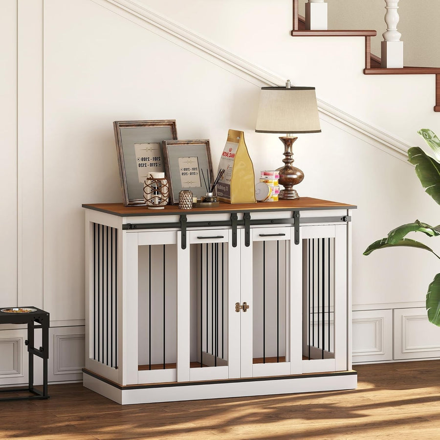Large White Dog Crate Furniture with Divider, Sliding Doors & Side Table