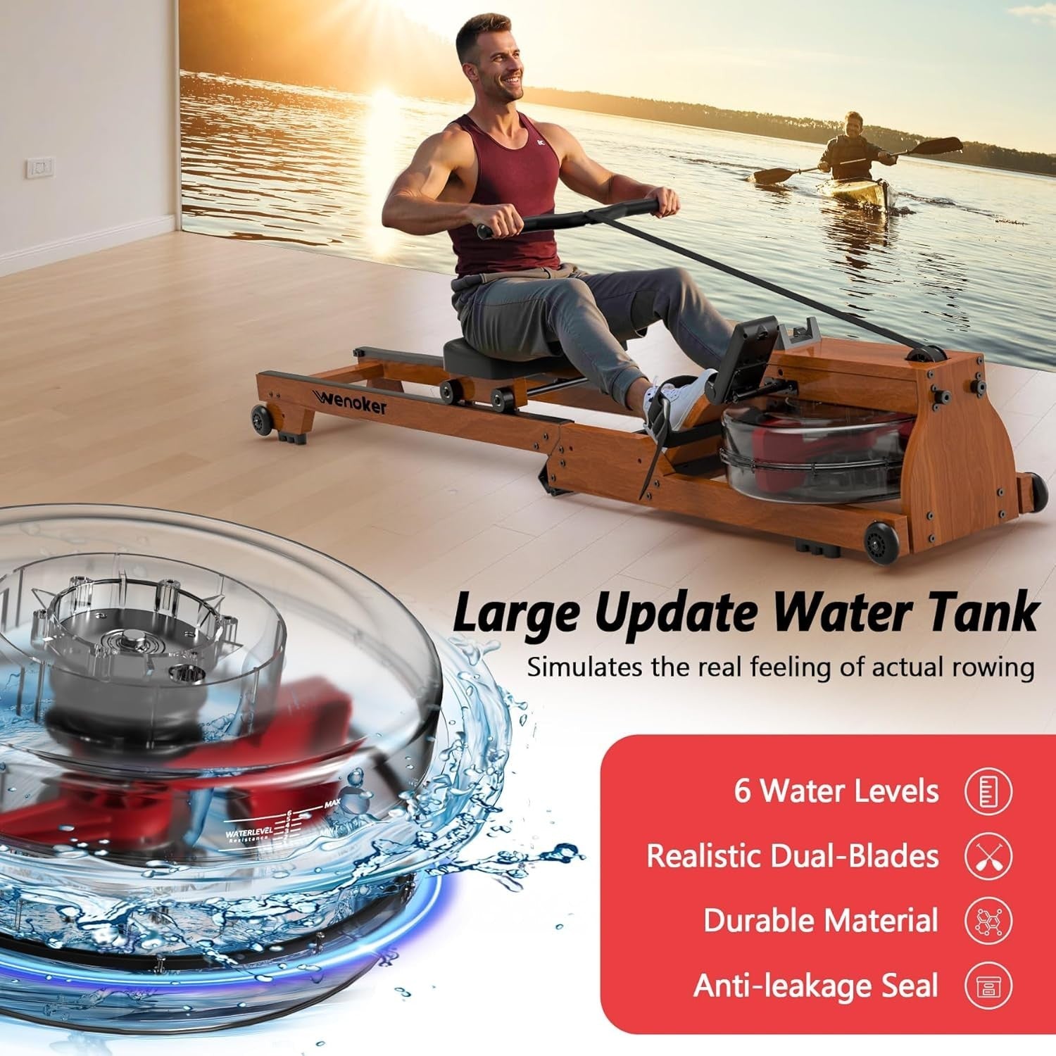 Foldable Wooden Water Rowing Machine LCD Quiet 6-Level Resistance App Home Gym
