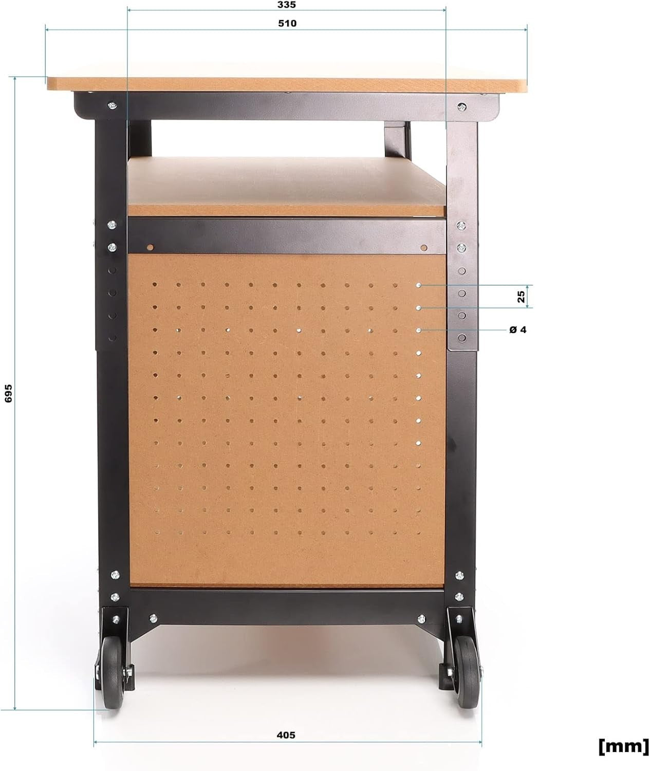 Mobile Adjustable Workbench 66–82cm Steel Table Wheels MDF Top Shelves Pegboard