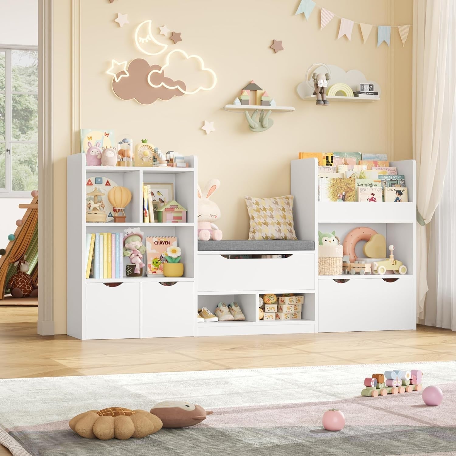 Kids Toy Storage Unit with Bench, 3 Drawers & 7 Shelves – White Organizer