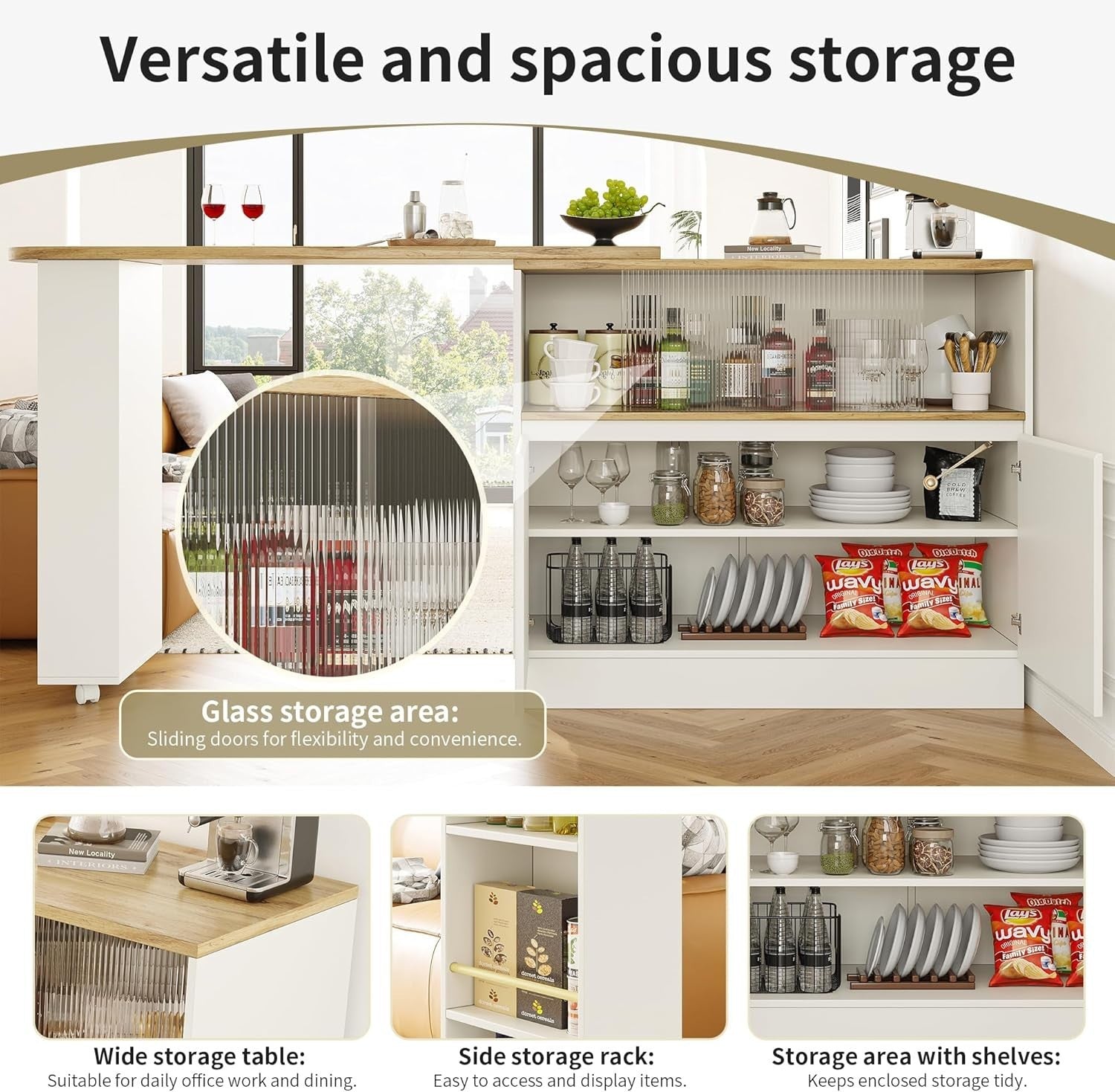 360° Swivel Bar Table w/ Shelves Glass Door White Modern Storage Unit Furniture