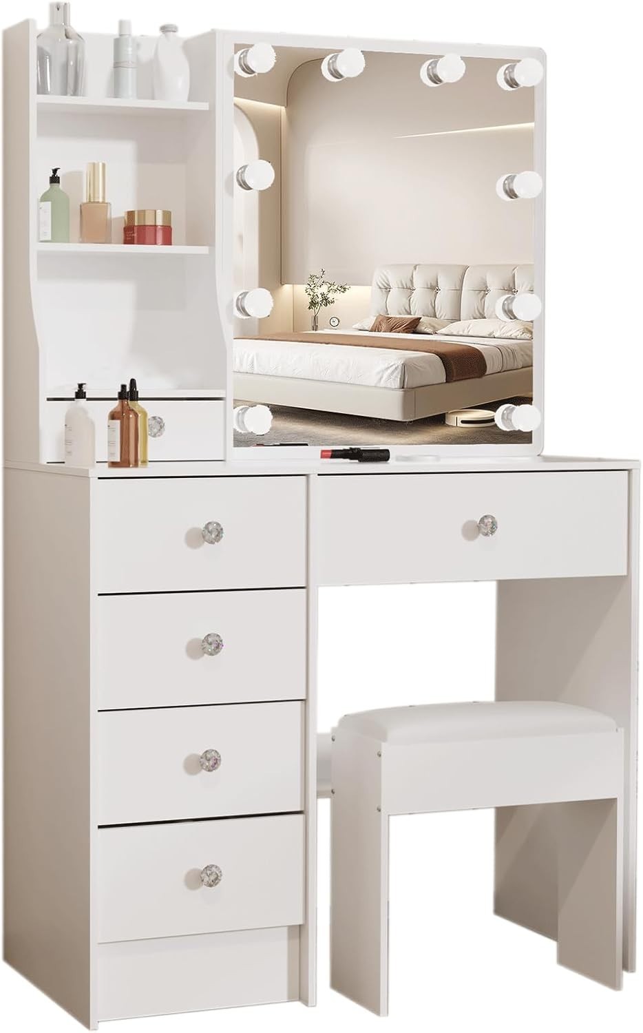 Vanity Makeup Dressing Table Desk 3-Color LED Mirror 6 Drawers Storage Stool Whi