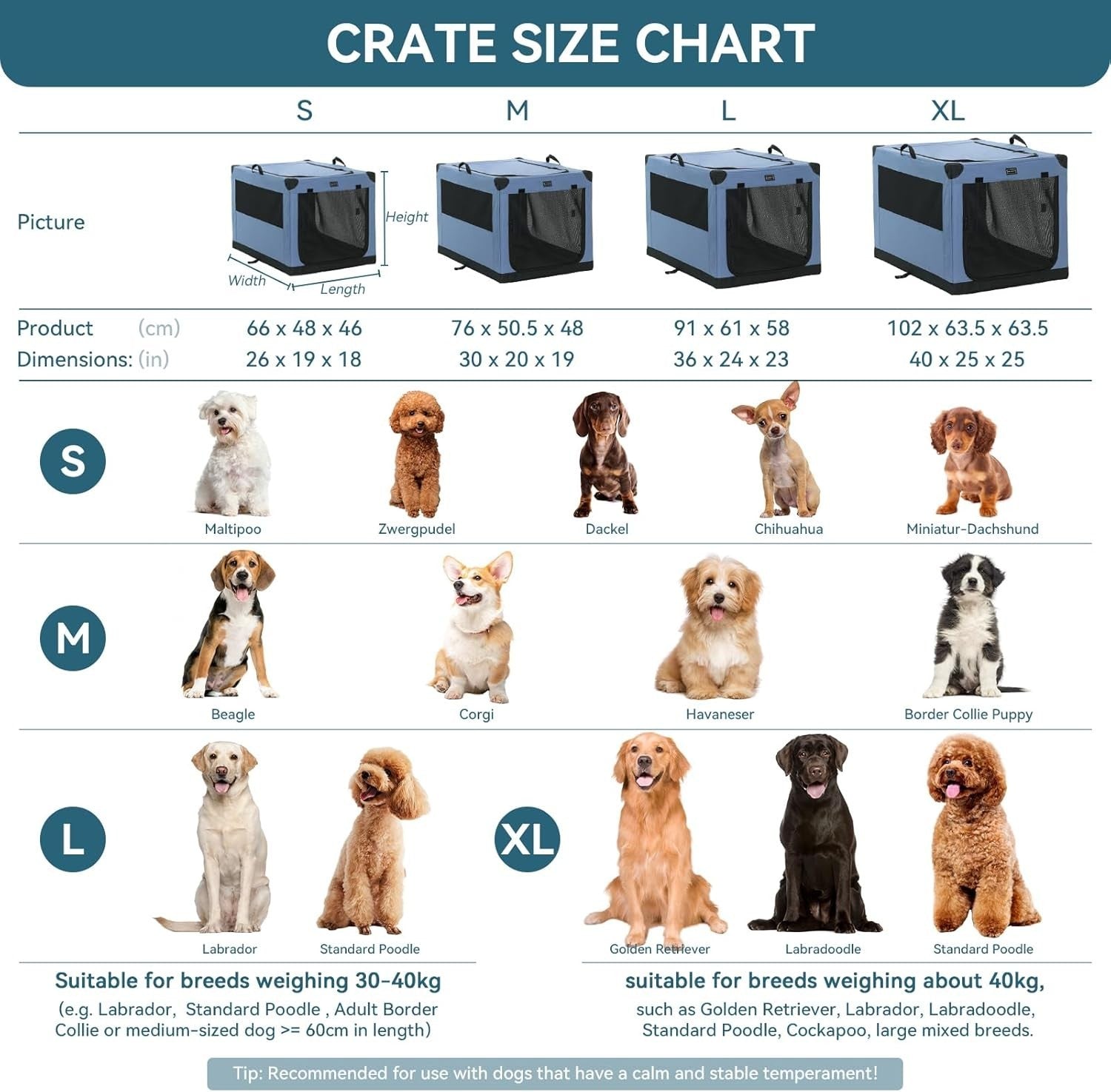 Foldable Large Soft Dog Crate Travel Pet Carrier Kennel 3-Door Fabric Cage 100cm