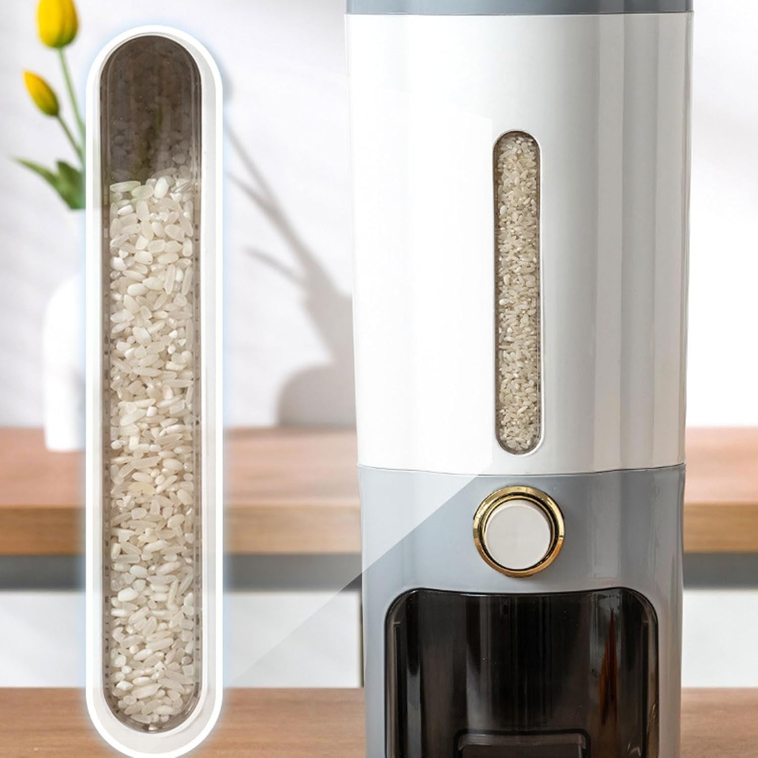 Airtight Rice Dispenser Press Storage Container Grain Bin with Cups