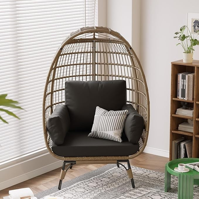 Oversized Wicker Egg Chair Outdoor Patio Lounge with Cushions 350lbs Capacity