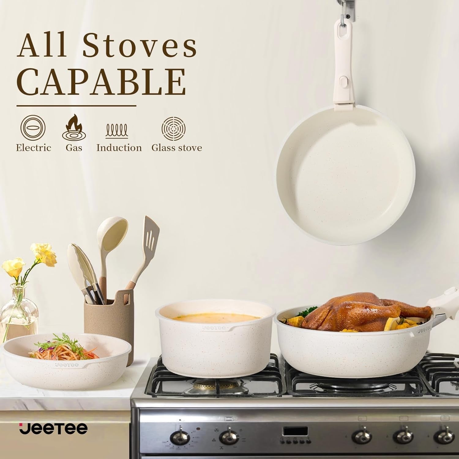 17pcs Beige Non Stick Cookware Set with Detachable Handles  Induction Oven Safe