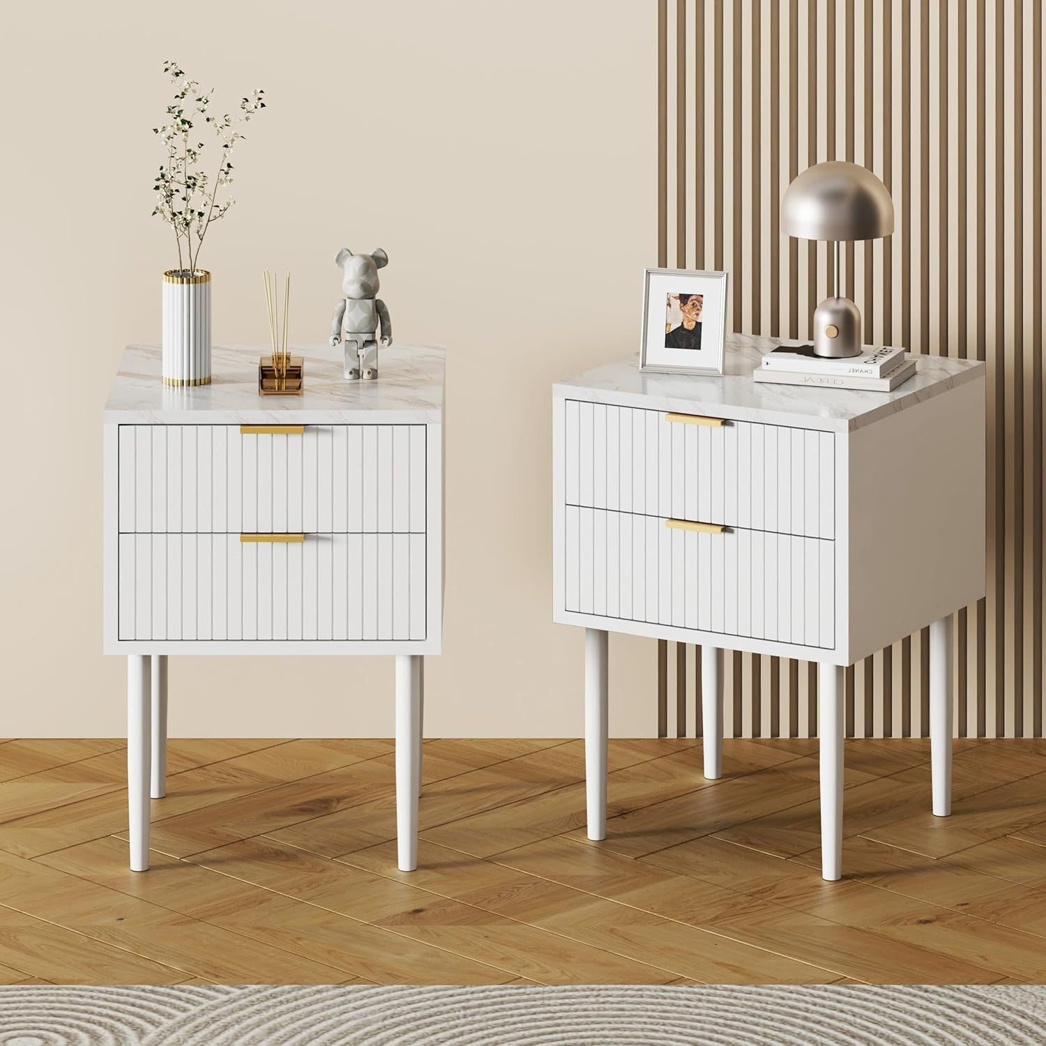 Set of 2 White Marble Bedside Tables | Modern 2 Drawer Nightstands