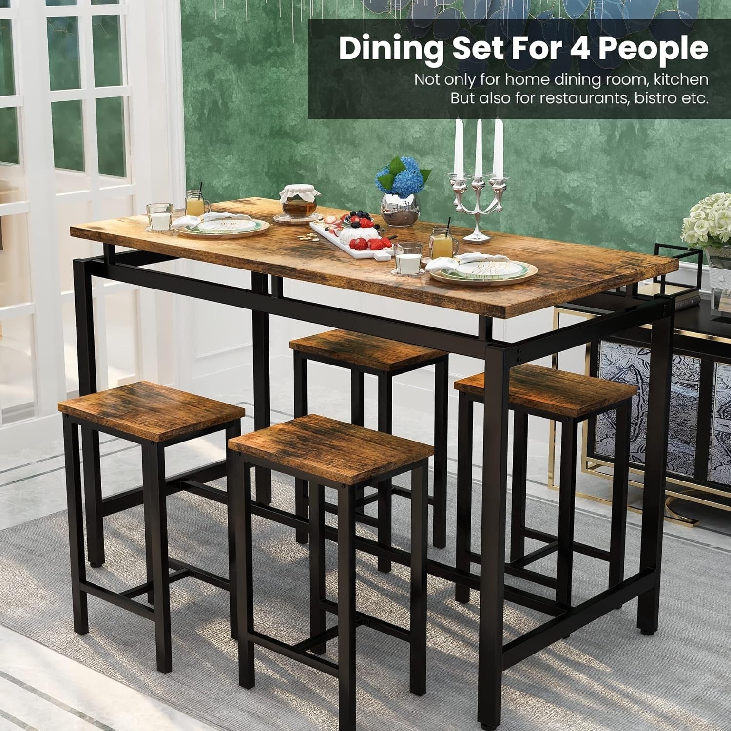 Rustic Brown 5-Piece Counter Height Dining Table Set with 4 Stools Space Saving