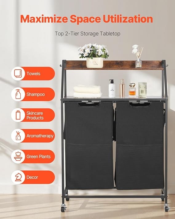2-Tier Rolling Laundry Sorter with Wooden Shelf, 2 Bag Hamper & Lockable Wheels