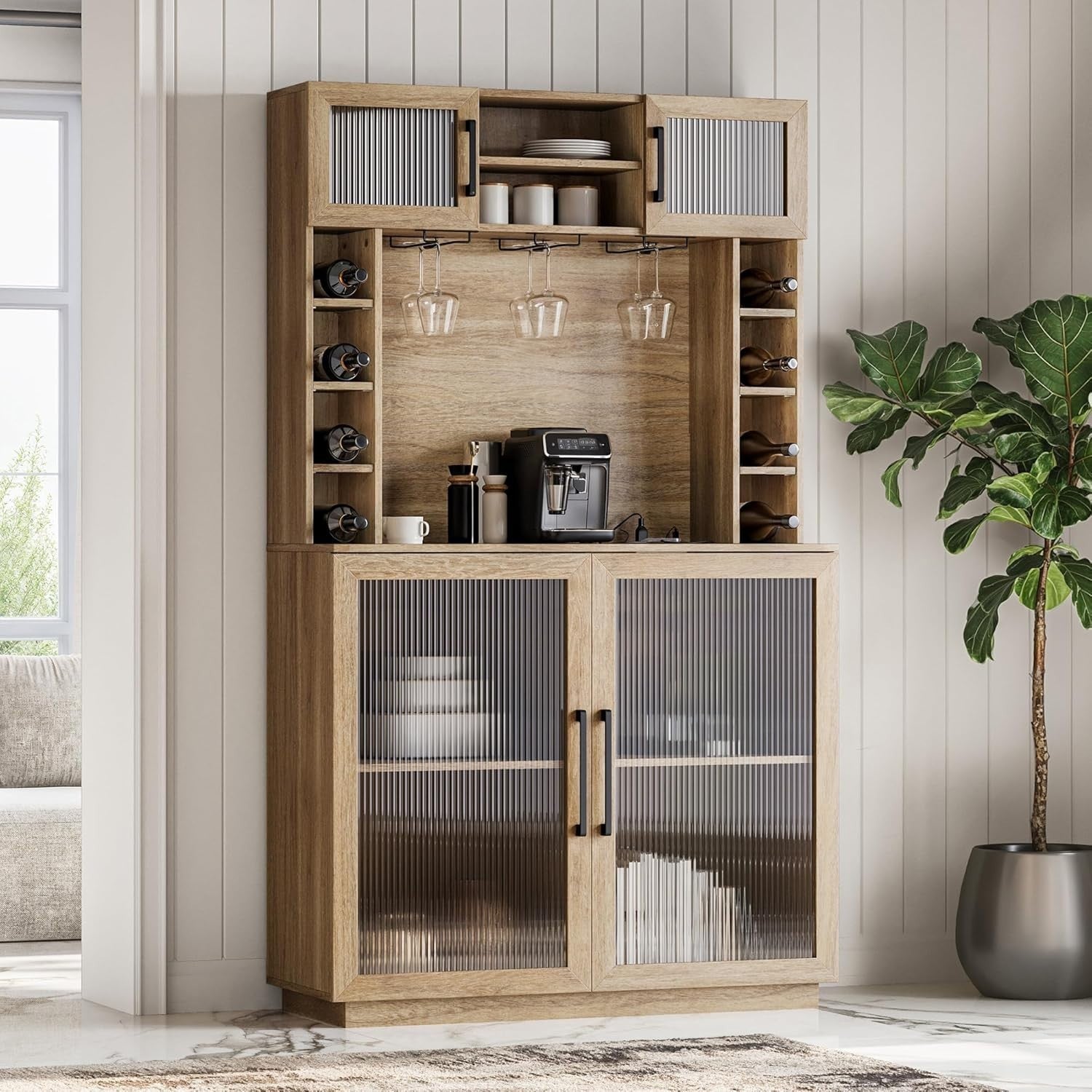 72" Rustic Wine Bar Cabinet with Power Outlet & Hutch | Glass Rack