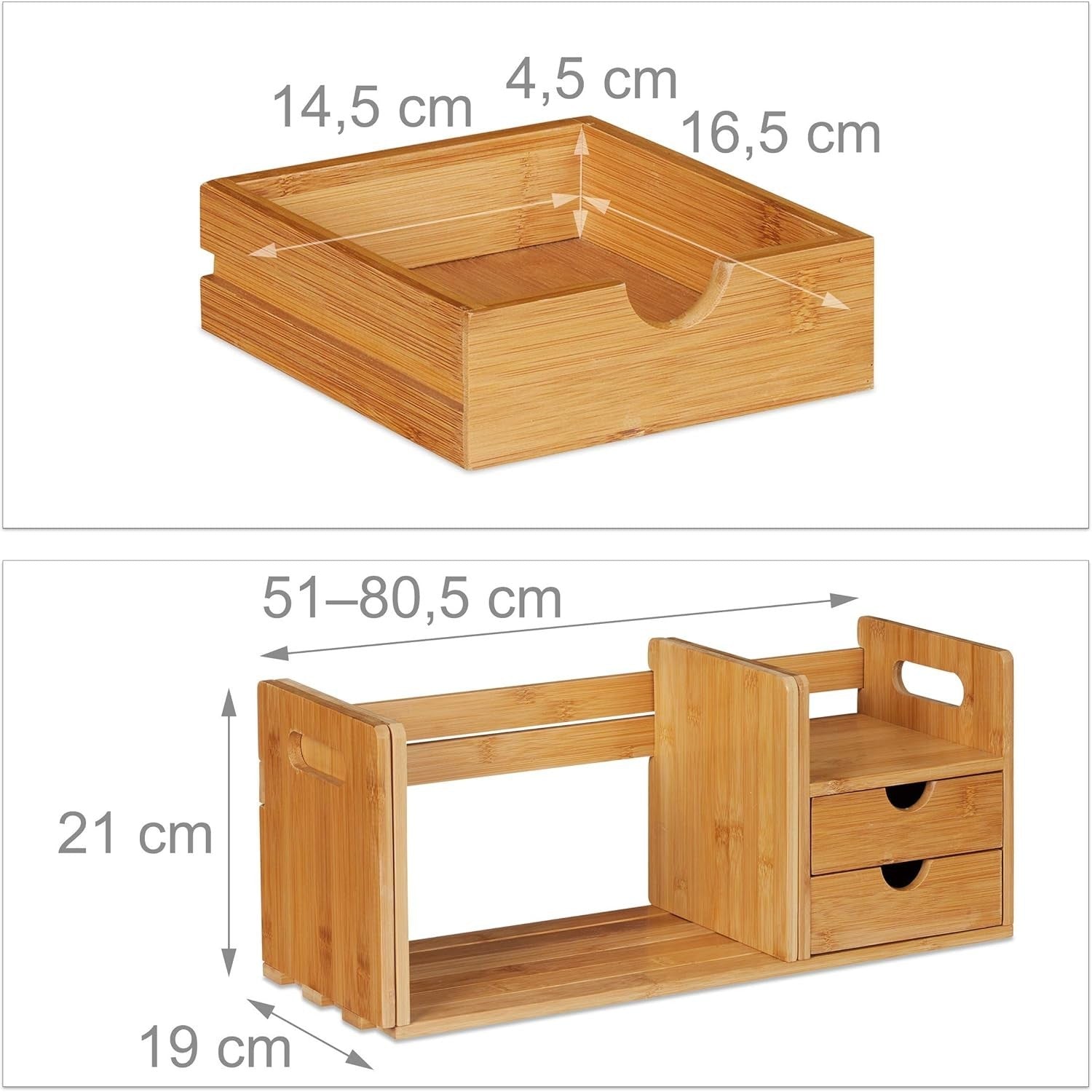 Bamboo Desk Organizer with 2 Drawers & Pull-Out Bookshelf – Tabletop Storage