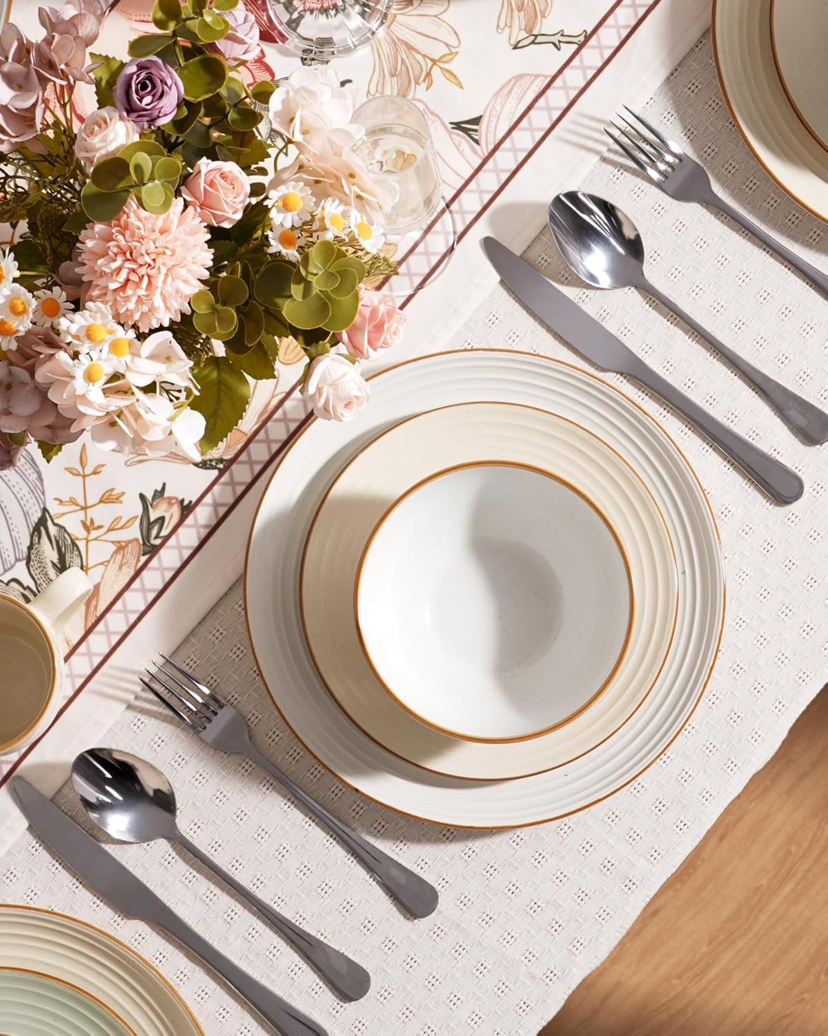 12pc Stoneware Dinner Set White Gold Rim Plates Bowls Dishwasher Safe