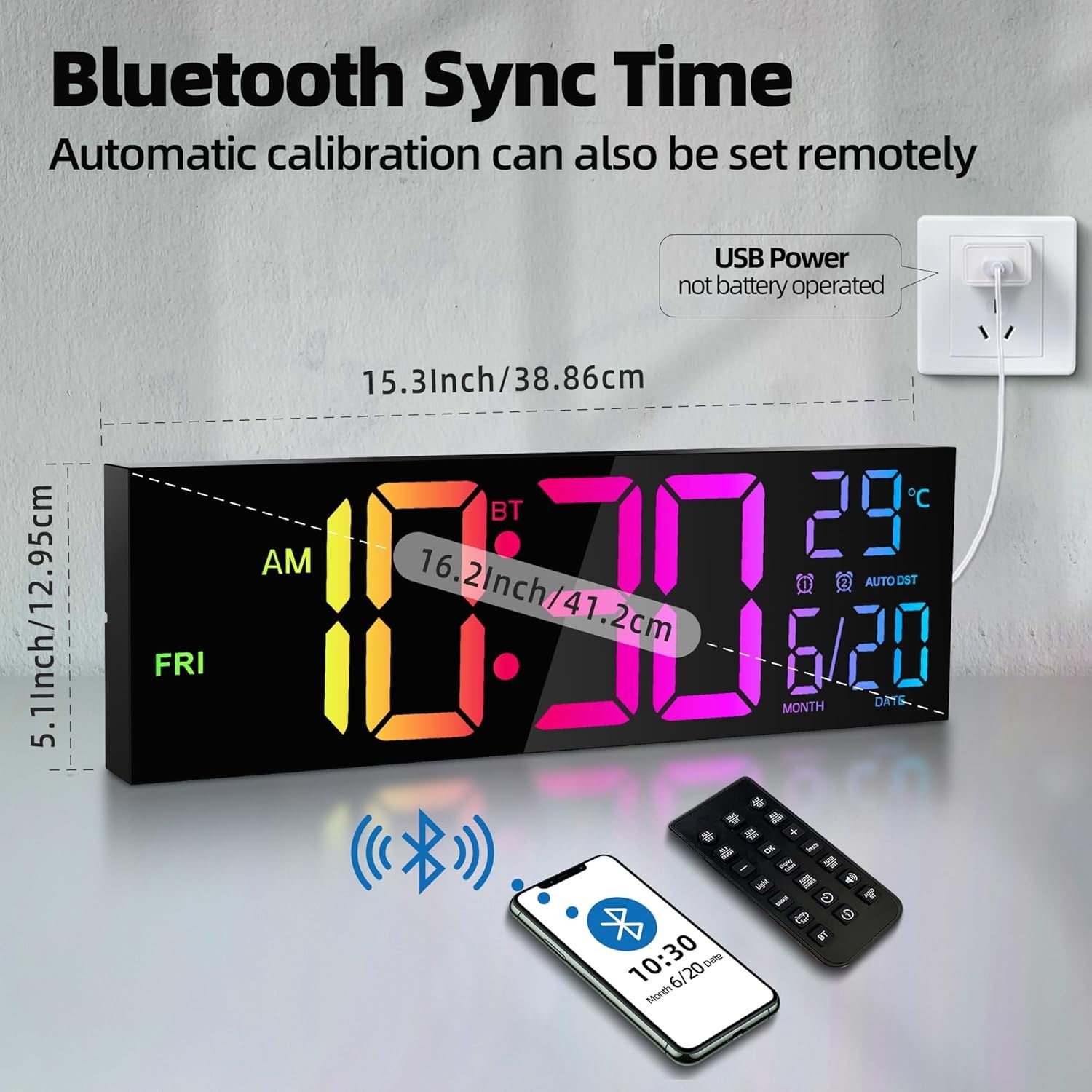 16.2 Inch Large Digital Wall Clock LED RGB Bluetooth Remote Alarm
