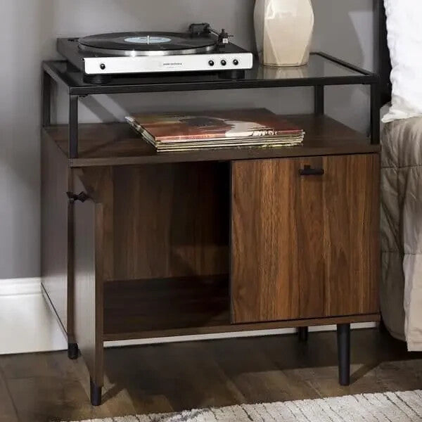 Modern Walnut Sideboard Cabinet w/ Glass Top Shelf & Hidden Storage