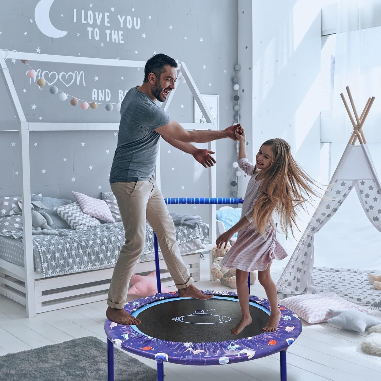 38'' Kids Mini Trampoline Foldable Quiet Rebounder Adjustable Handle Blue