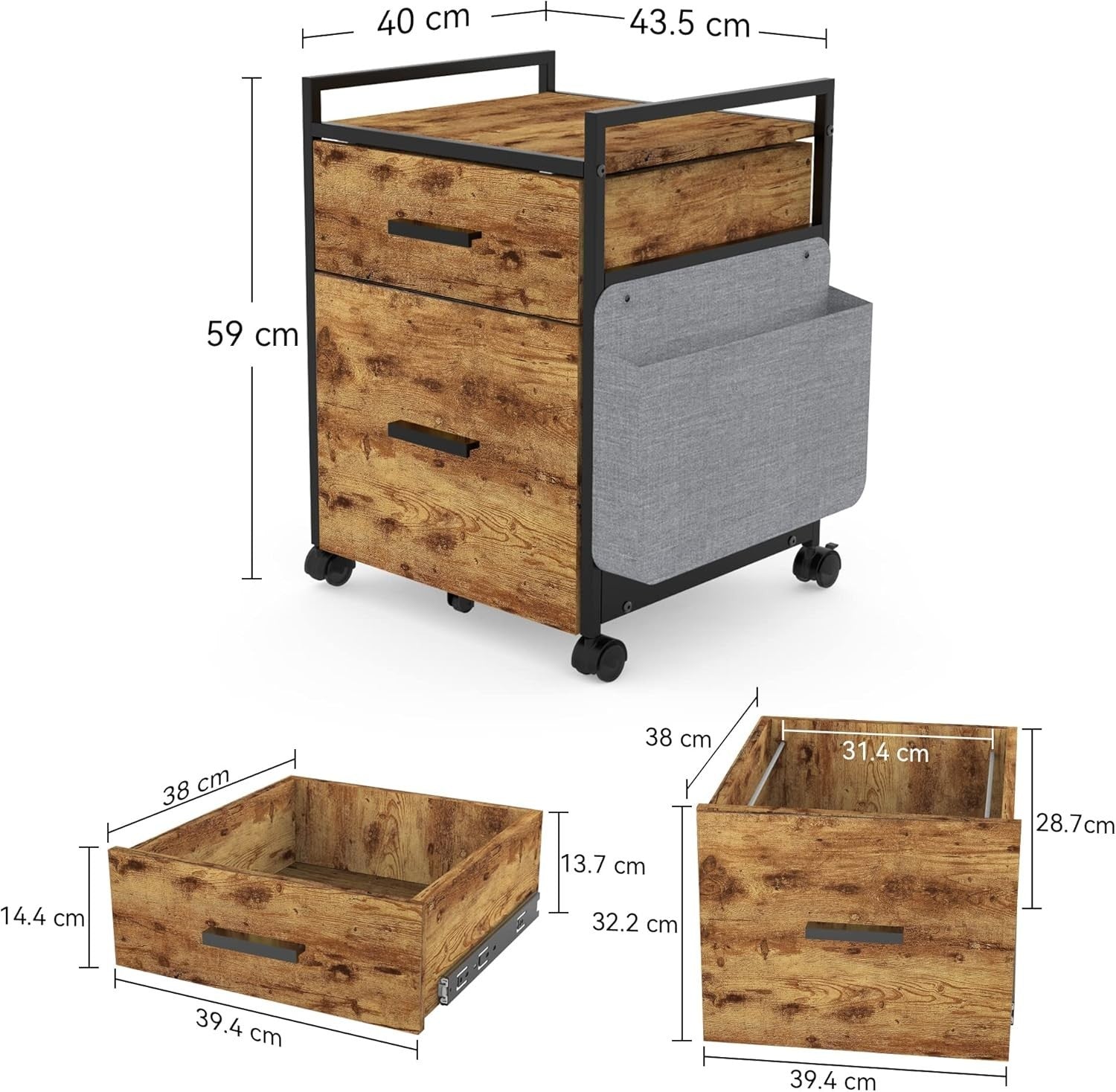2 Drawer Mobile Filing Cabinet with Printer Shelf Under Desk Rustic Brown