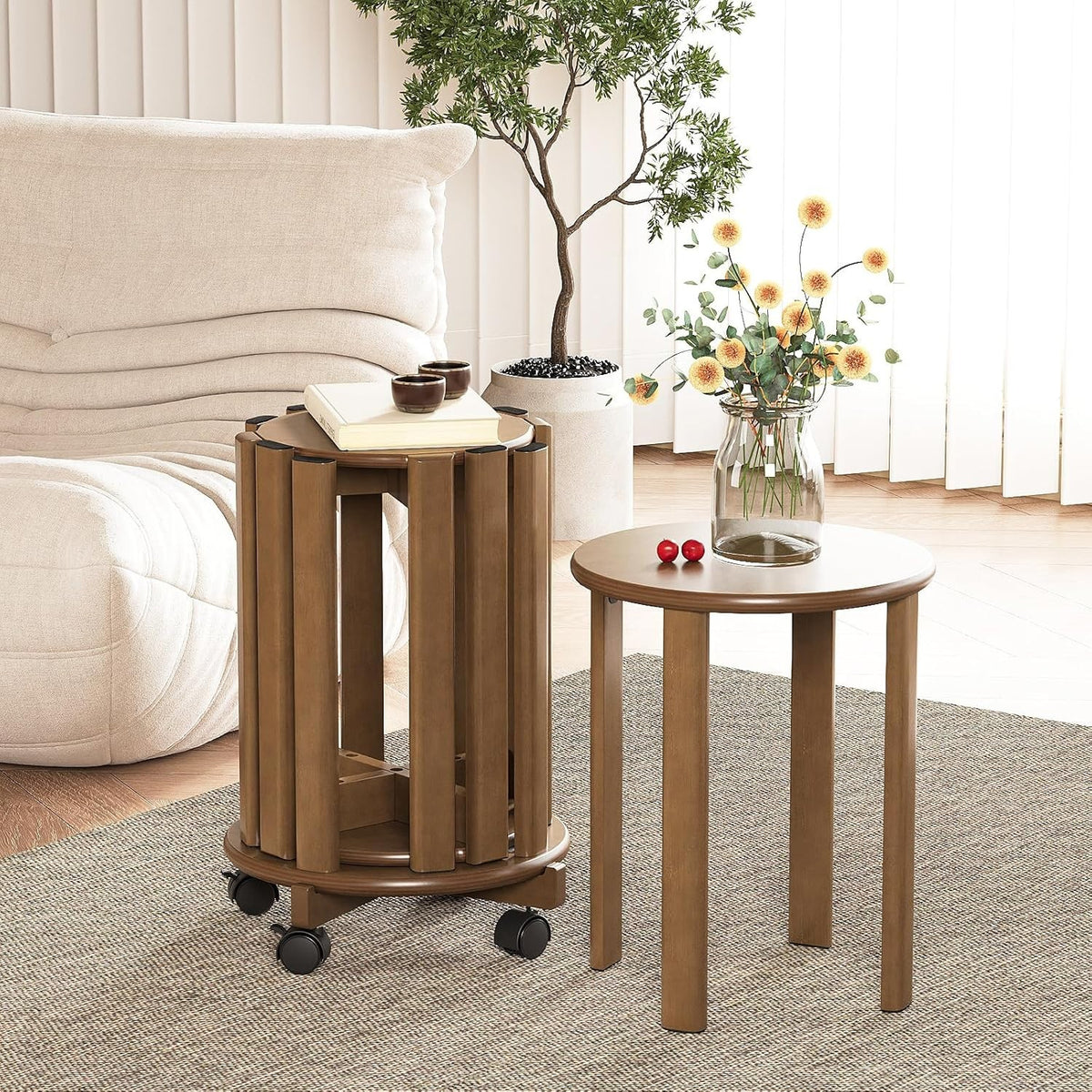 4-in-1 Bamboo Nesting Stools Set, Round Stackable End Tables with Wheels