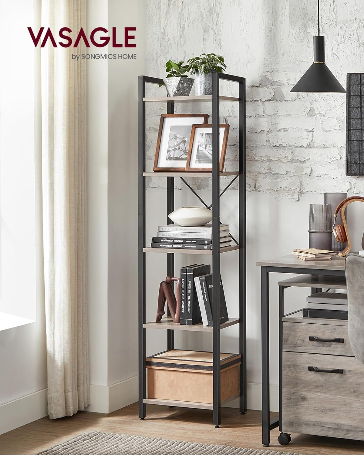 5-Tier Heather Greige Industrial Bookcase – Tall Narrow Storage Shelf Unit