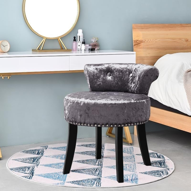 Dark Grey Ice Velvet Dressing Table Stool Low Back Wood Legs Footstool