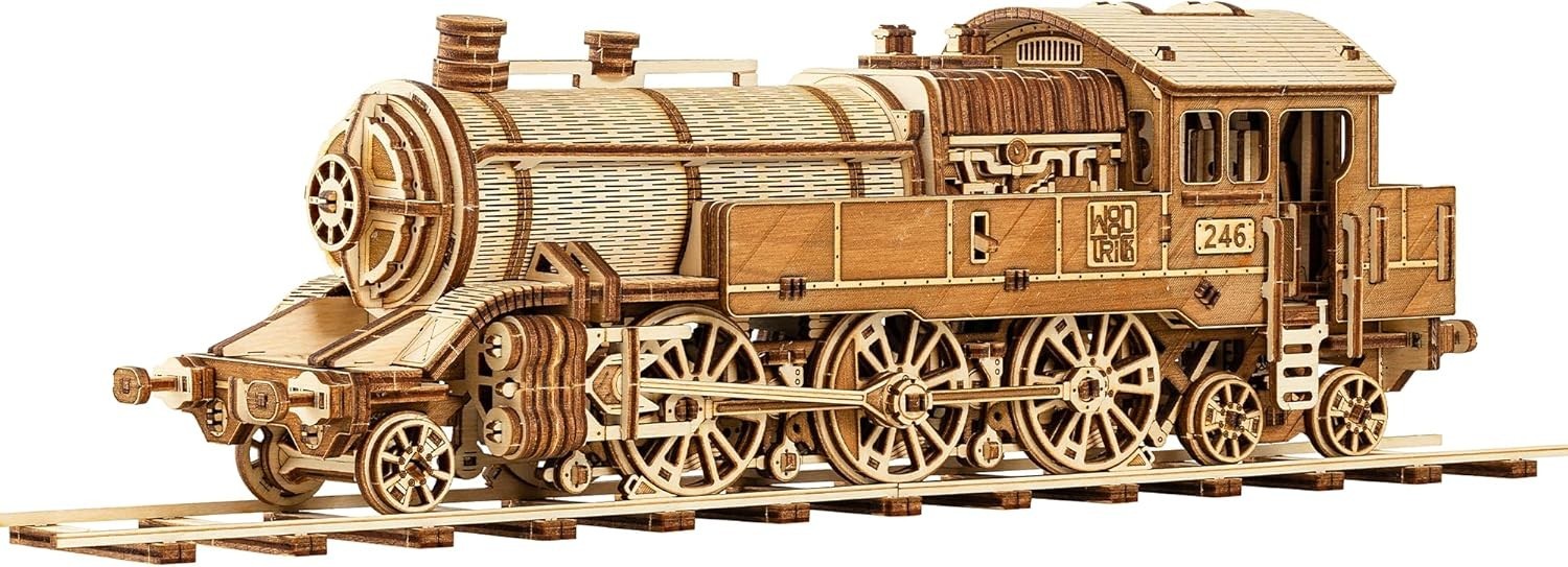 3D Wooden Train Puzzle Locomotive Model Kit with Railway DIY Adult Build