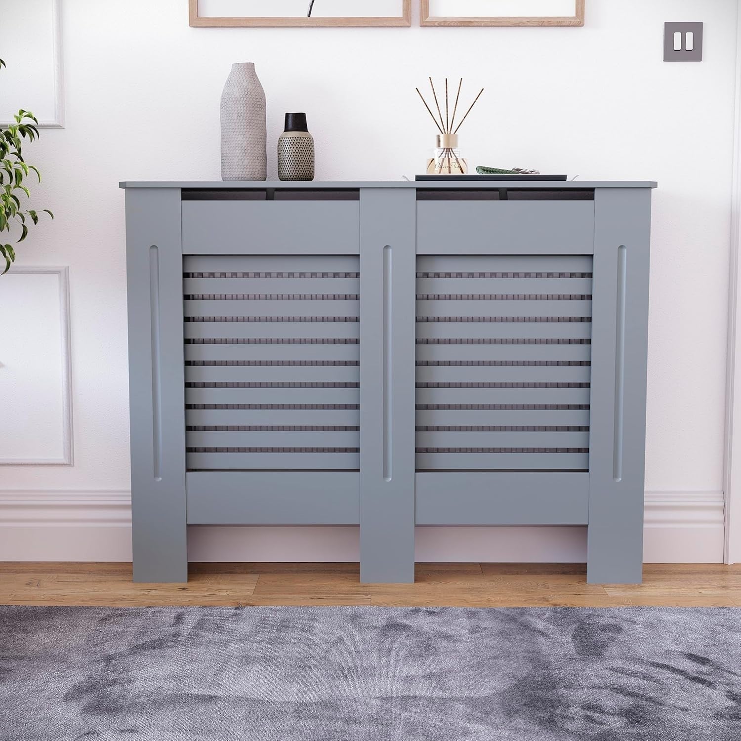 Medium Grey Radiator Cover 102x80x16cm Modern MDF Slatted Cabinet