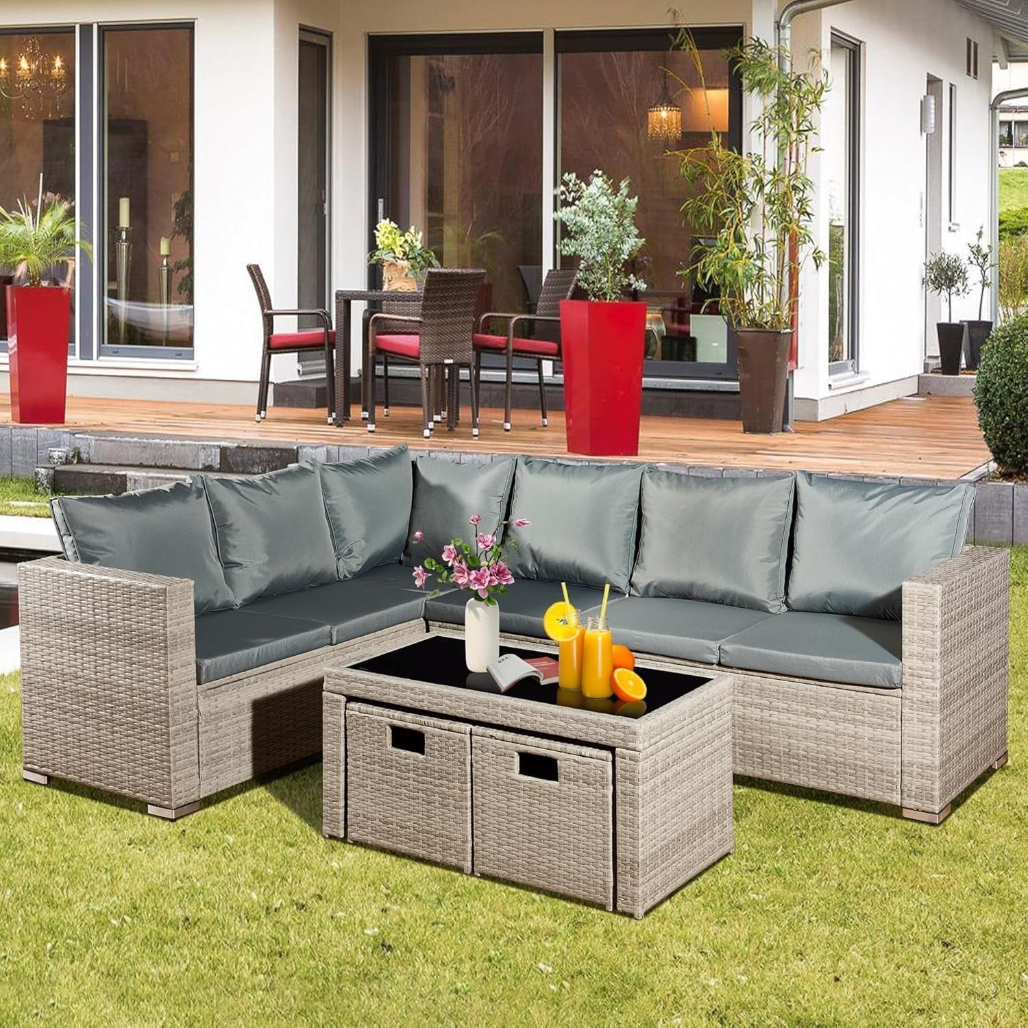 8 Seater Rattan Corner Sofa Set Patio Garden Furniture with Glass Table