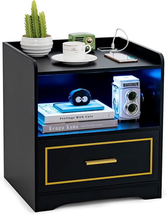 Black LED Bedside Table with Wireless Charging, Drawer & Open Shelf Storage