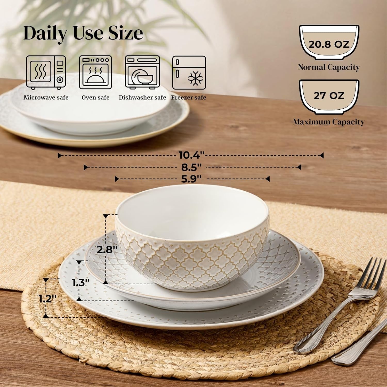 12 Piece Ceramic Dinner Set Plates Bowls Beige Modern Tableware Dishwasher Safe