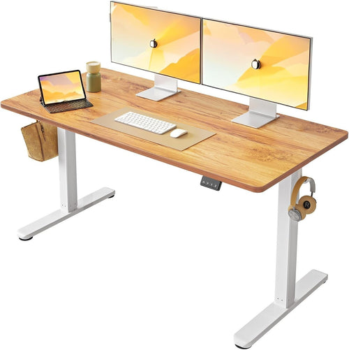 Electric Standing Desk 140x60cm White Frame Light Brown Adjustable Table