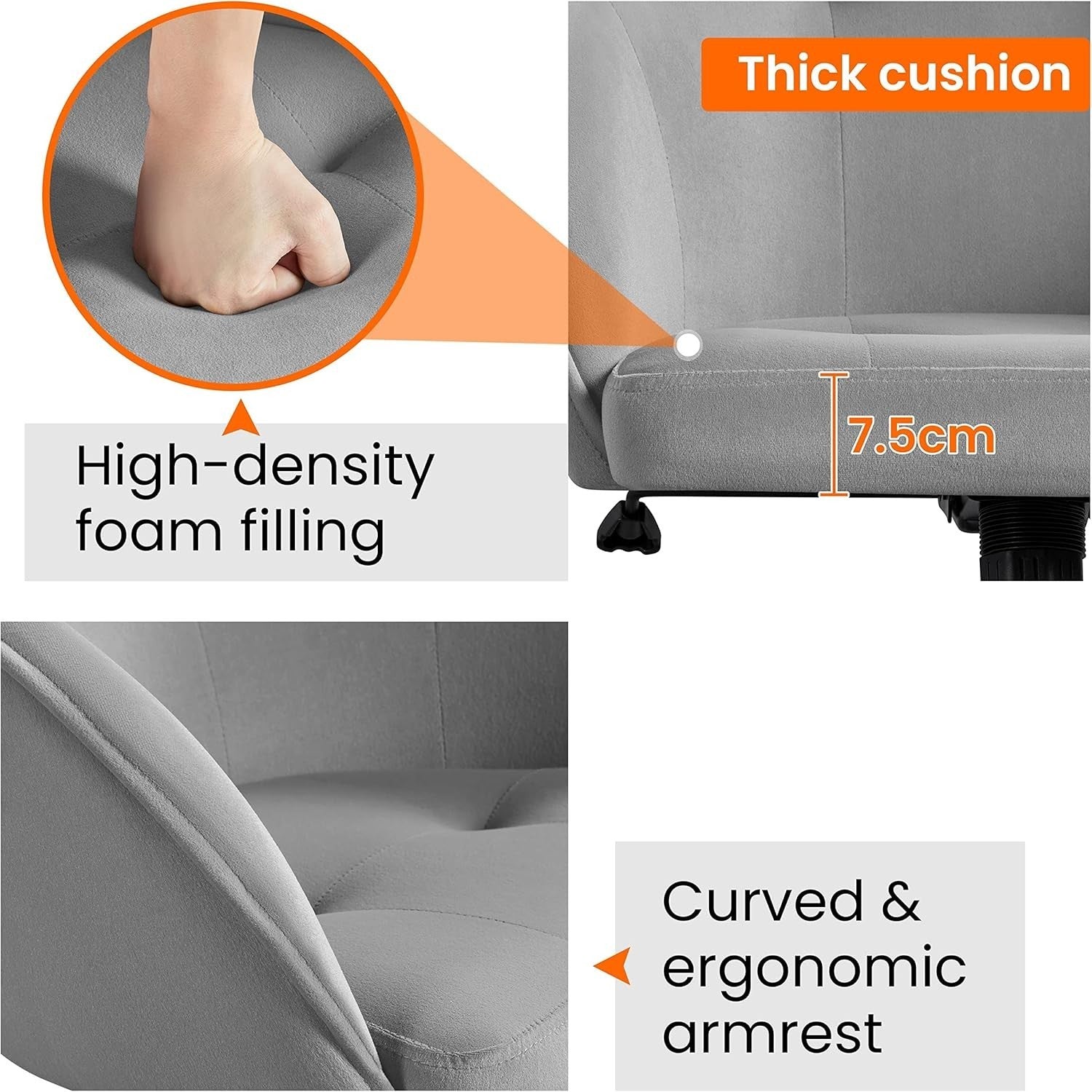 Ergonomic Velvet Office Chair Swivel Adjustable Height Armrest Light Gray