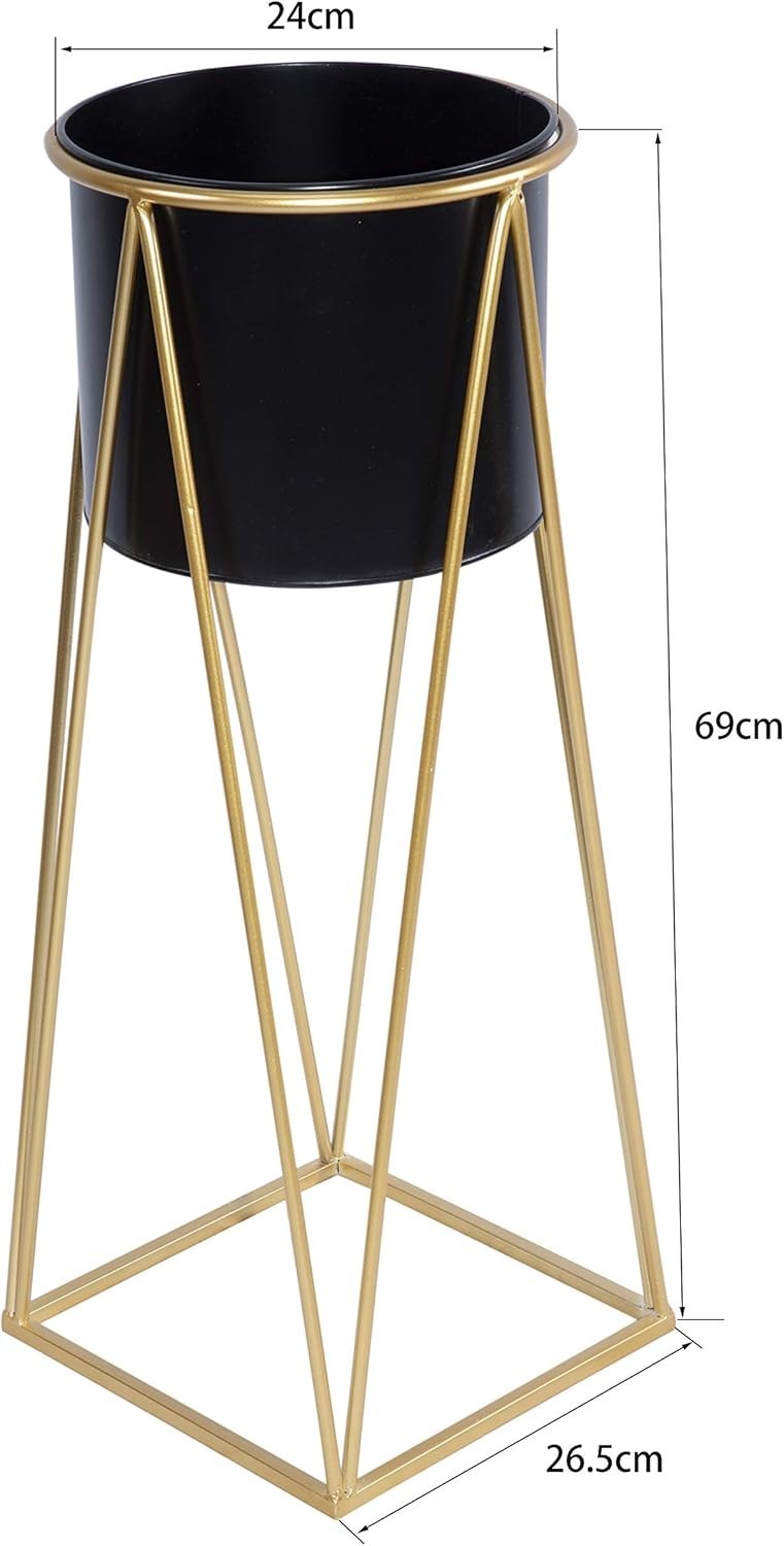 Modern Metal Planter Stand with Pot, Tall Indoor Flower Plant Holder, Black Gold