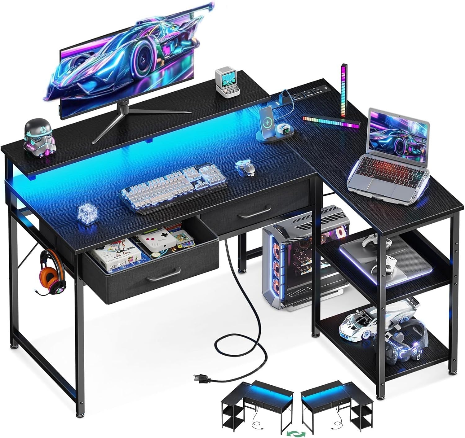 L Shaped 40" Gaming Desk w/ Drawers, Shelves & USB Ports|Home Office Table
