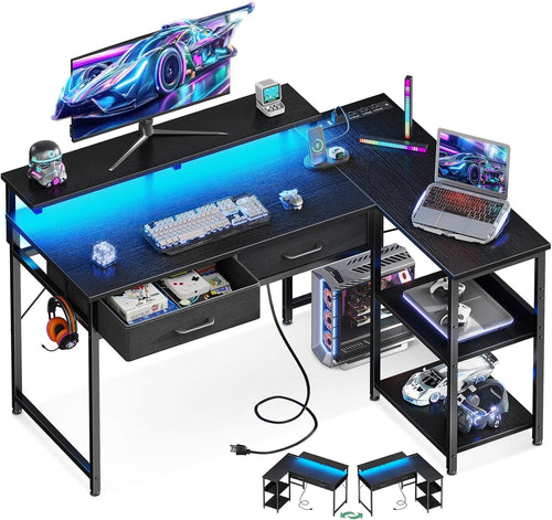 L Shaped 40" Gaming Desk w/ Drawers, Shelves & USB Ports|Home Office Table